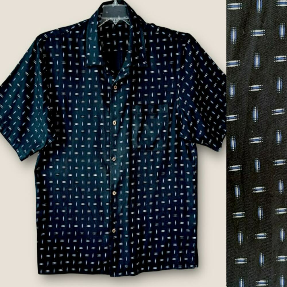 Silk Icon Mens Silk Blend Button Up Camp Shirt Casual  XL Black Geometric Print